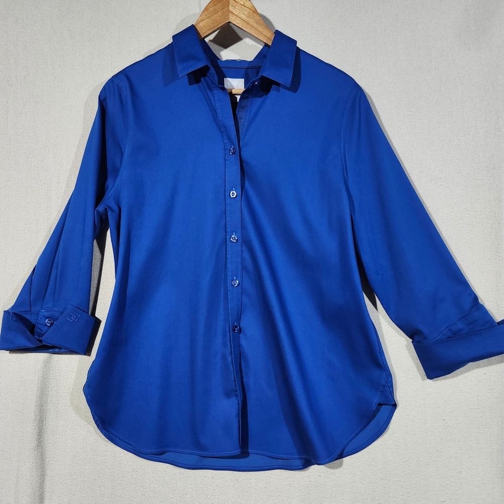 Chicos No Iron Chic Stretch Button Down Shirt Royal Blue 3/4 Sleeve Size 1 M 8